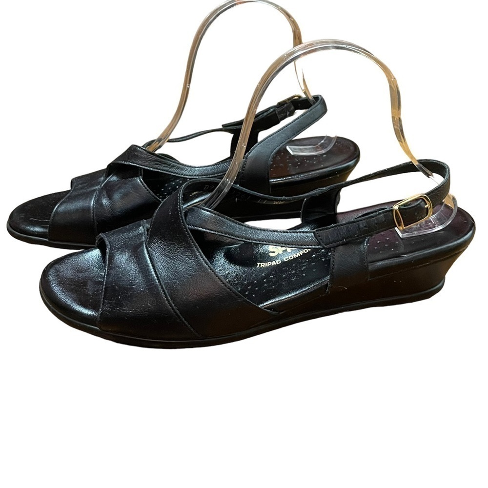 Vintage SAS Black Leather Slingback Open Toe Strappy Wedge Sandals Size 11 - Picture 2 of 9